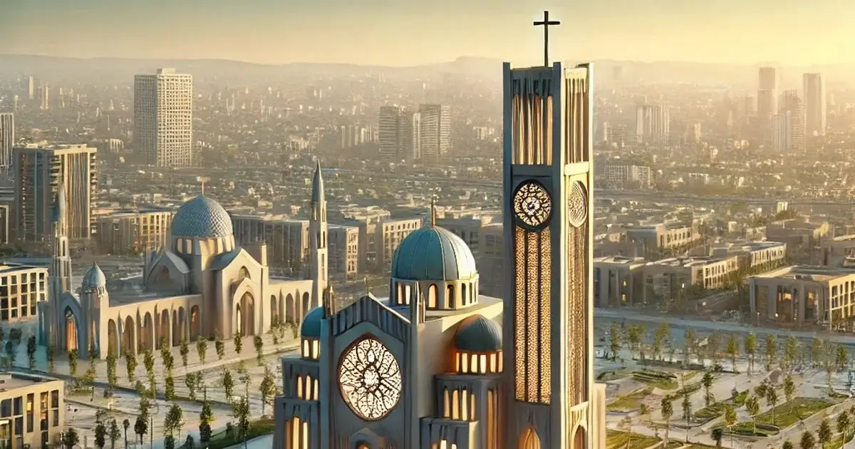 A modern cityscape with a church blending Christian and Islamic architecture, featuring a steeple with a cross, stained glass, domes, and arches, surrounded by urban buildings and streets at sunset.