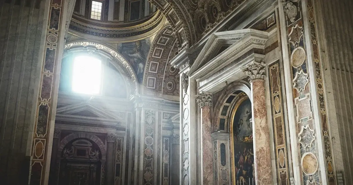 The insides of an ancient cathedral.