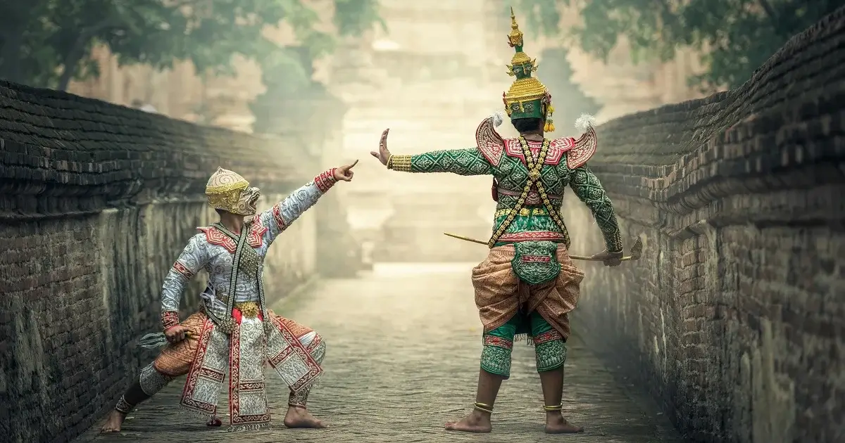 Two asian warriors in ceremonial outfits.